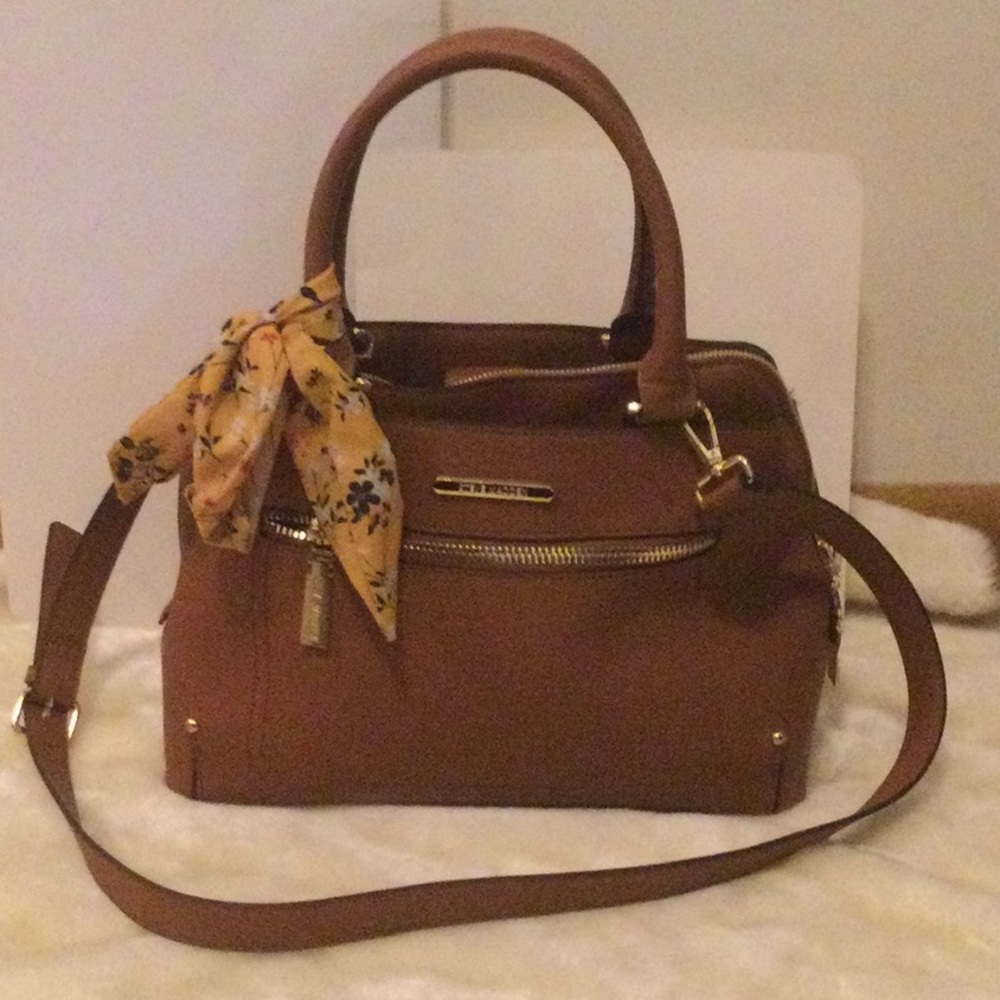 Steve Madden Brown Satchel with Yellow Scarf Accent